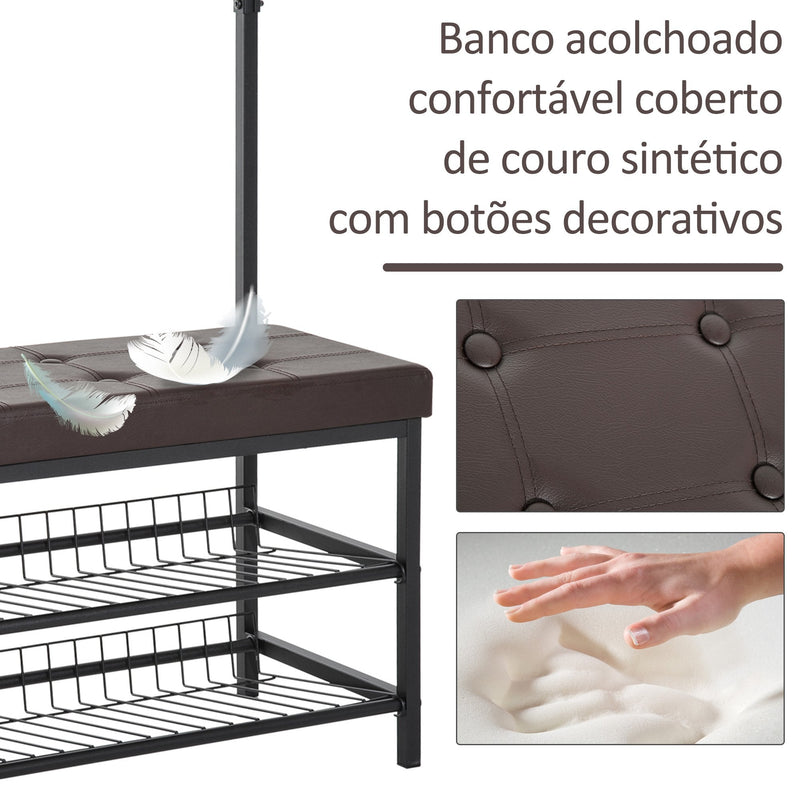 Cabide com Assento Acolchoado Prateleira para Sapatos e Cabide de Roupa - Preto - 72,5x35x180 cm