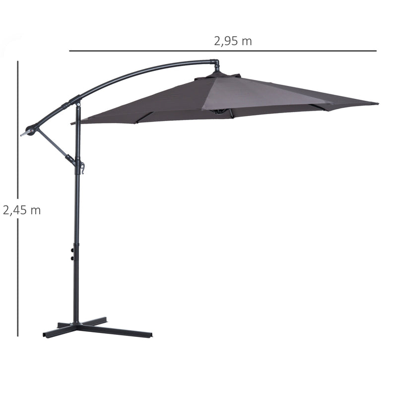 Chapéu de Sol de Jardim Ø300x250cm Chapéu de Sol Excêntrico Inclinável com Manivela Base Cruzada Suporte de Aço e Proteção Solar para Terraço Exterior Cinza