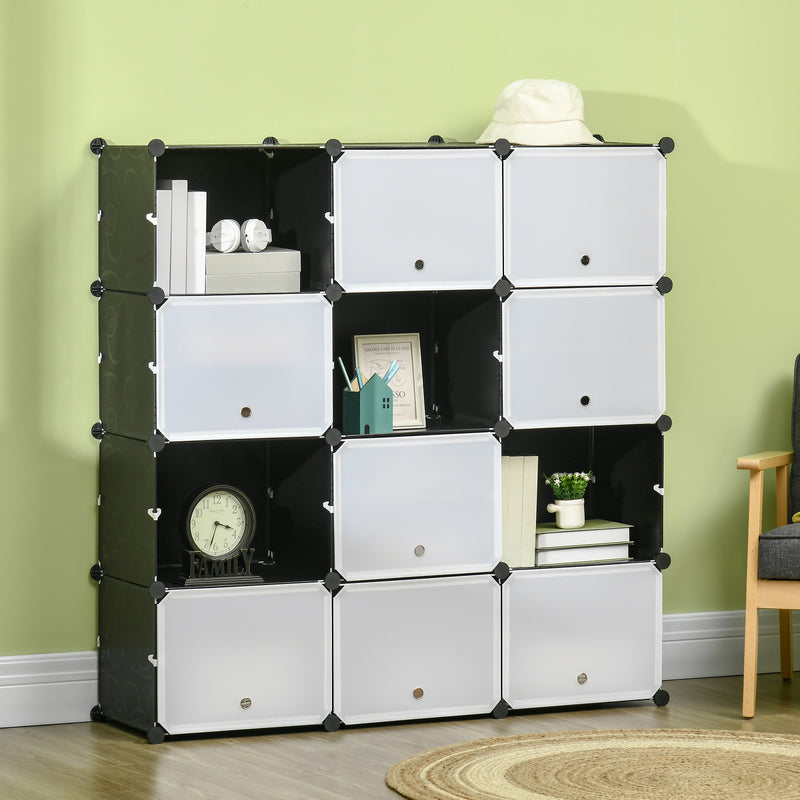 Armário Modular de Plástico Armário Portátil com 12 Cubos Organizadores de Sapatos Roupas Brinquedos para Entrada Corredor Dormitório 125x32x125cm Branco e Preto