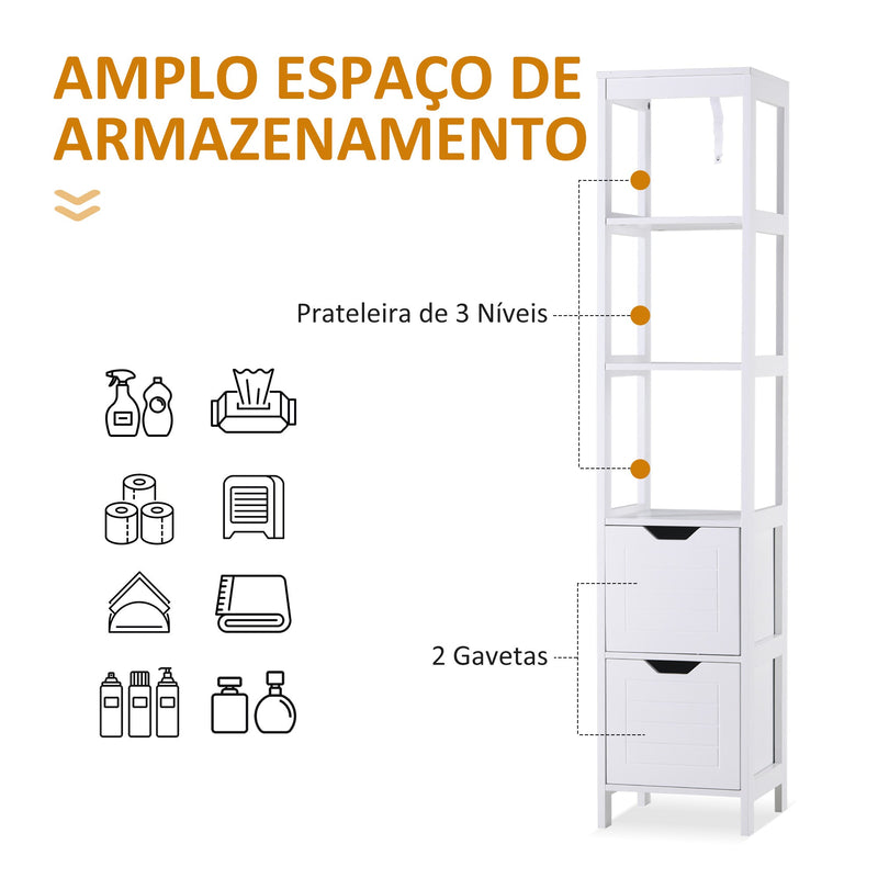 Armário de banheiro alto Multiuso 3 prateleiras 2 gavetas 30x30x144 cm Branco