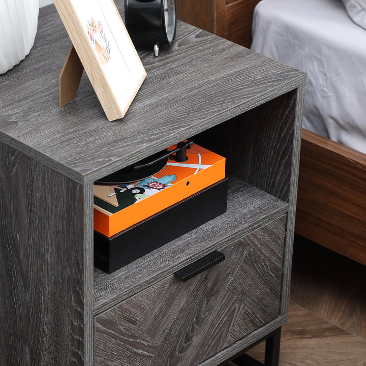 Mesa de Cabeceira com 1 Gaveta Prateleira Aberta e Pés de Aço Mesa de Cabeceira para Dormitório Sala de Estar Escritório Estilo Moderno 40x40x52cm Cinza Escuro