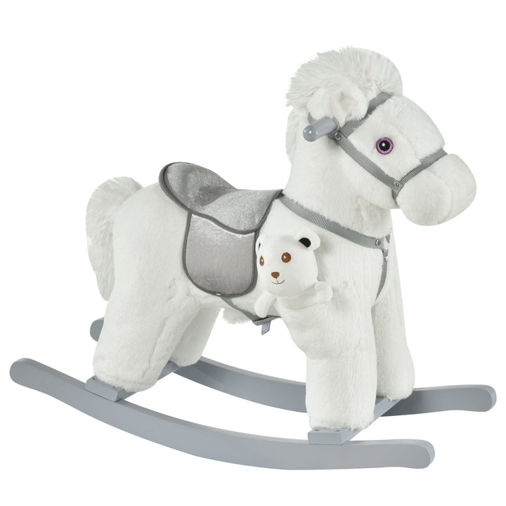 Cavalo Baloiço para Crianças de 18-36 Meses Cavalo de Balançar com Ursinho de Pelúcia Sons de Relinchos e Galopes base de Madeira 65x26x55cm Branco