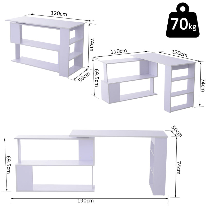 Secretária com Estantes Mesa de escritório 5 Prateleiras 120x110x74cm Branco