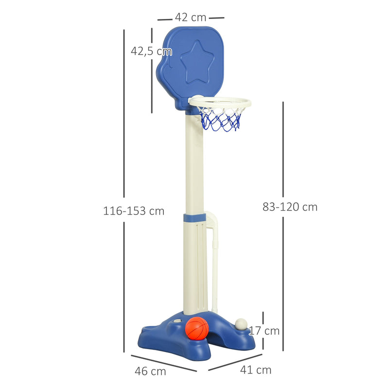 Cesta de Basquetebol 2 em 1 Jogo de Golf para Crianças acima de 2 Anos Aro com Altura Ajustável de 83-120cm Bolas e Taco de Golf 46x41x116-153cm Azul e Branco