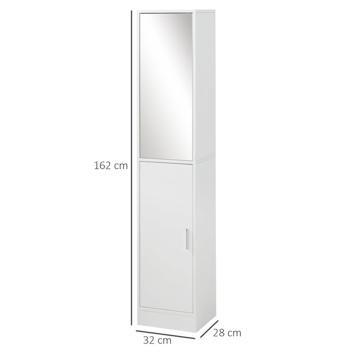 Coluna Casa de Banho com Espelho Móvel Alto Casa de Banho com 2 Portas e Prateleiras Interiores Ajustáveis Multiúso para Cozinha Sala de Estar 32x28x162cm Branco