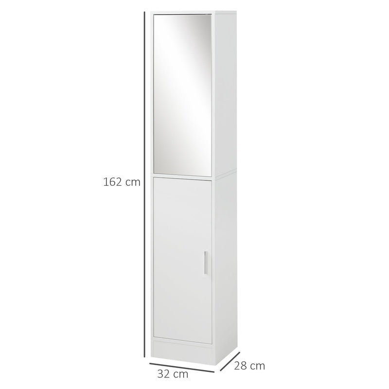 Coluna Casa de Banho com Espelho Móvel Alto Casa de Banho com 2 Portas e Prateleiras Interiores Ajustáveis Multiúso para Cozinha Sala de Estar 32x28x162cm Branco