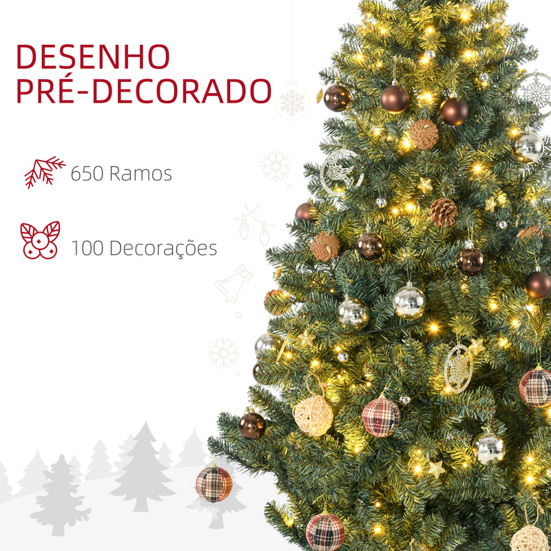 Árvore de Natal Artificial 180 cm com 150 Luzes LED Árvore de Natal com 650 Ramos e 100 Decorações para Interior Aço Ø106x180 cm Verde