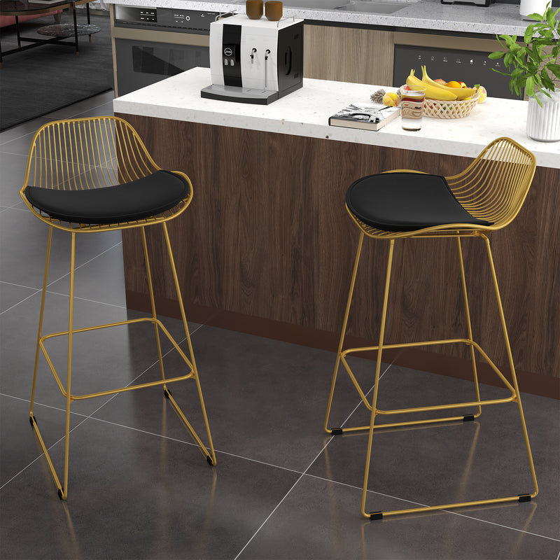 Conjunto de 2 Bancos Altos de Cozinha Moderno Bancos de Bar com Almofada de Veludo Encosto e Apoio para os Pés Carga 120 kg 46,5x48x93 cm Dourado