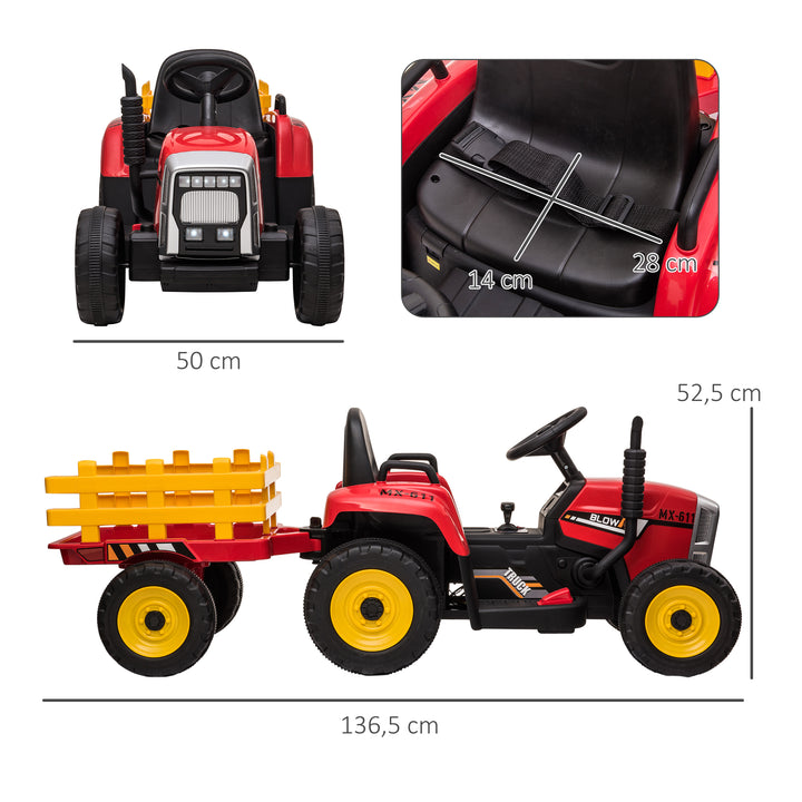 Trator Elétrico com Reboque Amovível Carro Elétrico para Crianças 3-6 Anos com Controlo Remoto Música MP3 Luzes e Cinto de Segurança 136,5x50x52,5 cm Vermelho