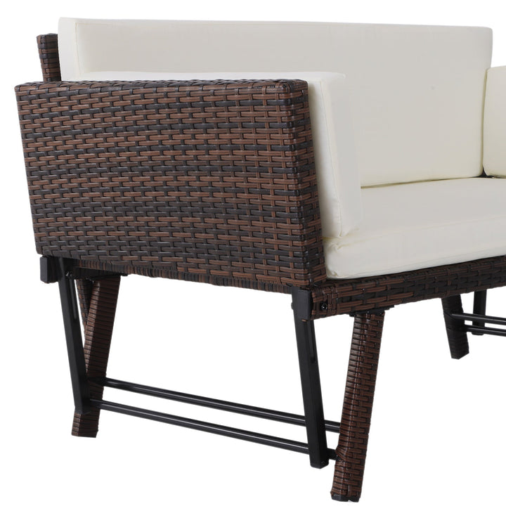 Sofá de Dois Lugares Ratán Sintético Convertível en Cama Sofá de Jardim Exterior com Almofada Castanha Cadeira Móvel Mobiliário Pátio Terraço 129x66x79cm