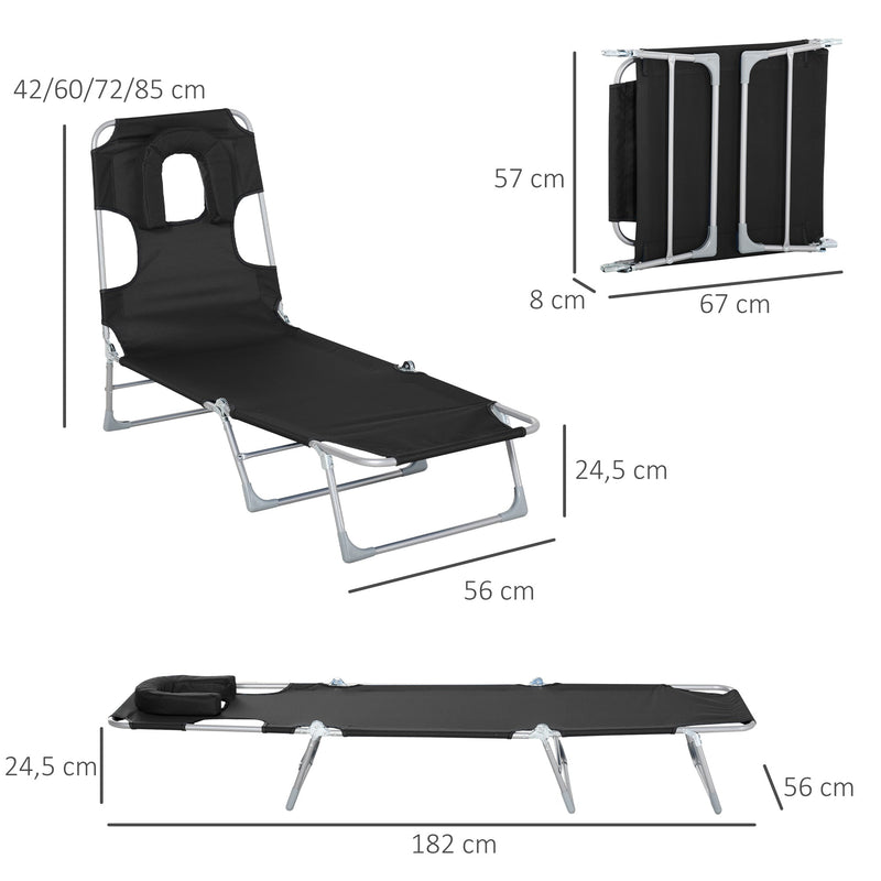 Espreguiçadeira de Jardim Reclinável e Dobrável com Orifício de Leitura Apoio para Cabeça e Encosto Ajustável em 5 Níveis para Praia 182x56x24,5 cm Preto