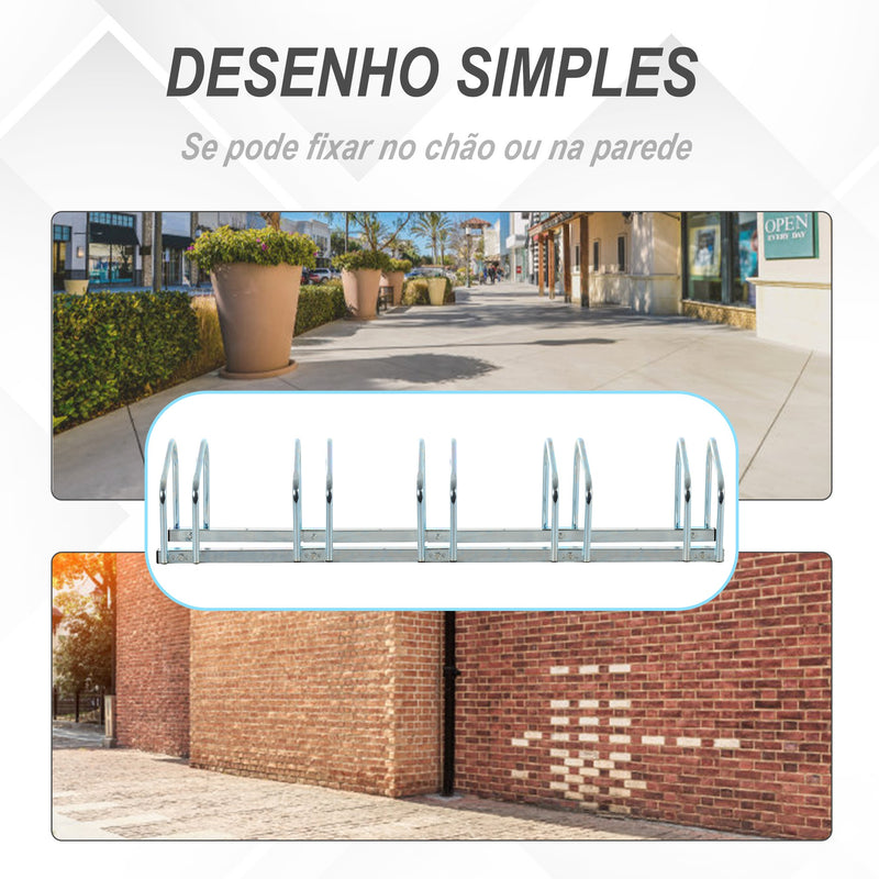 Estacionamento para 5 Bicicletas Suporte de Aço para Estacionar Bicicletas no Chão para Interior e Exterior 145x33x27cm Prata