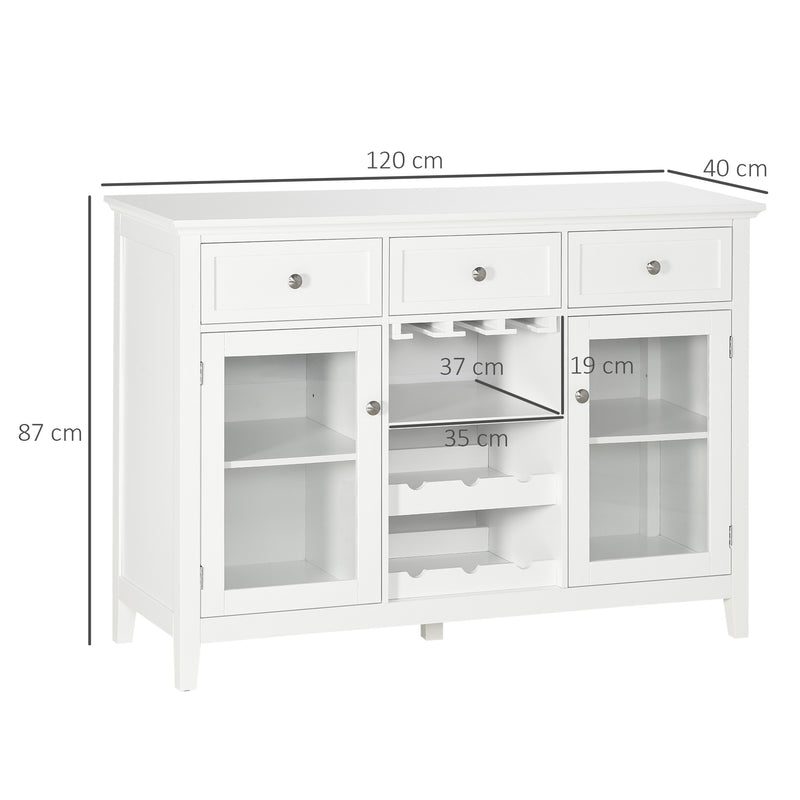 Aparador de Cozinha com 2 Portas de Vidro Suporte para 6 Garrafas e Suporte para 15 Taças Móvel Buffet para Sala de Jantar Sala de Estar Estilo Moderno Anti-Tombo 120x40x87cm Branco