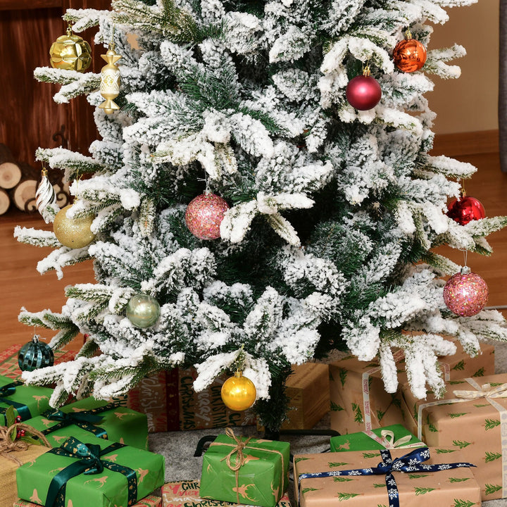 Árvore de Natal Ø105x210cm Neve Artificial com 784 Pontas de Ramos Ignífugos e Suporte de Aço Decoração de Natal para Interiores Verde e Branco
