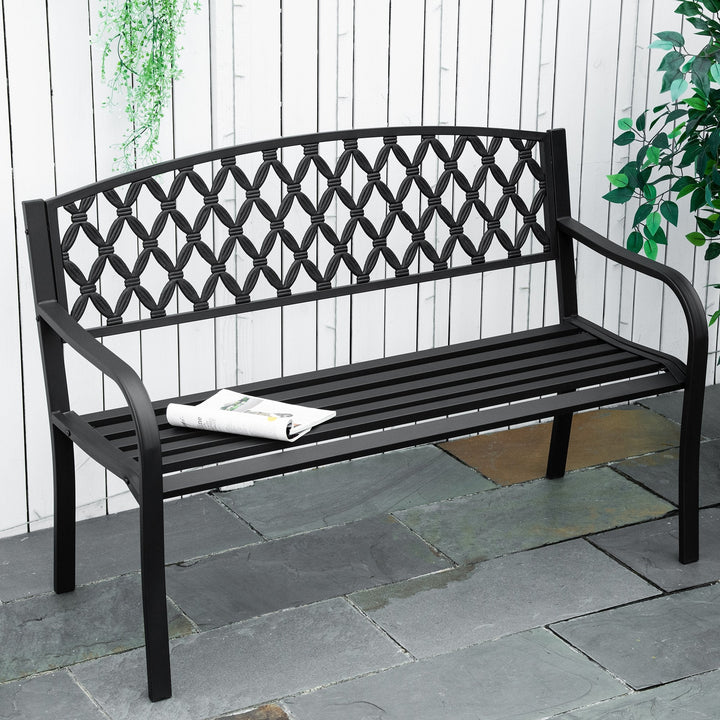 Banco de Jardim de 2 Lugares com Encosto Decorativo e Apoio para os Braços para Terraço Varanda Pátio Exterior Carga 280kg Ferro Fundido e Aço 128x58,5x89cm Preto