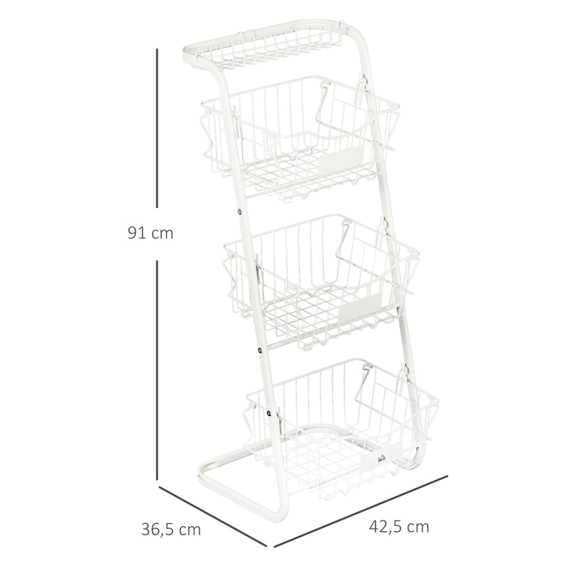 Fruteira Cesto para Frutas e Verduras de 3 Níveis com Cestos Amovíveis e Empilháveis de Aço para Cozinha Sala de Jantar 42,5x36,5x91cm Branco