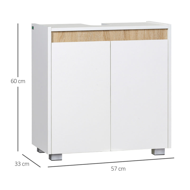 Móvel para Lavatório Pousar Armário Casa de Banho com 2 Portas e Armazenamento Interior Anti-Tombo 57x33x60cm Branco e Madeira