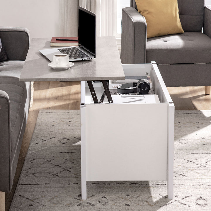 Mesa de Centro com Bancada Elevável Mesa de Centro com 2 Compartimentos Abertos Bancada de Imitação a Mármore Mesa Retangular para Sala de Estar 105x50x49cm Branco