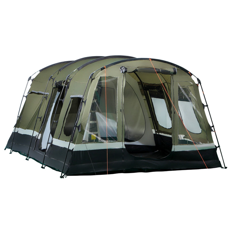 Tenda de Campismo Familiar 6 Pessoas Tenda Campismo Impermeável PU3000mm com 3 Portas 6 Janelas Bolsos de Arrumação e Bolsa de Transporte 455x320x215cm Verde