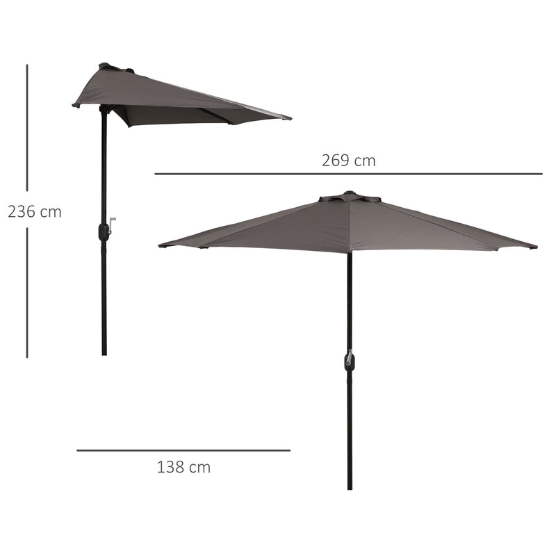 Chapéu de Sol Semicircular 269x138x236cm Chapéu de Sol à Manivela para Jardim Terraço Pátio Piscina Cinza