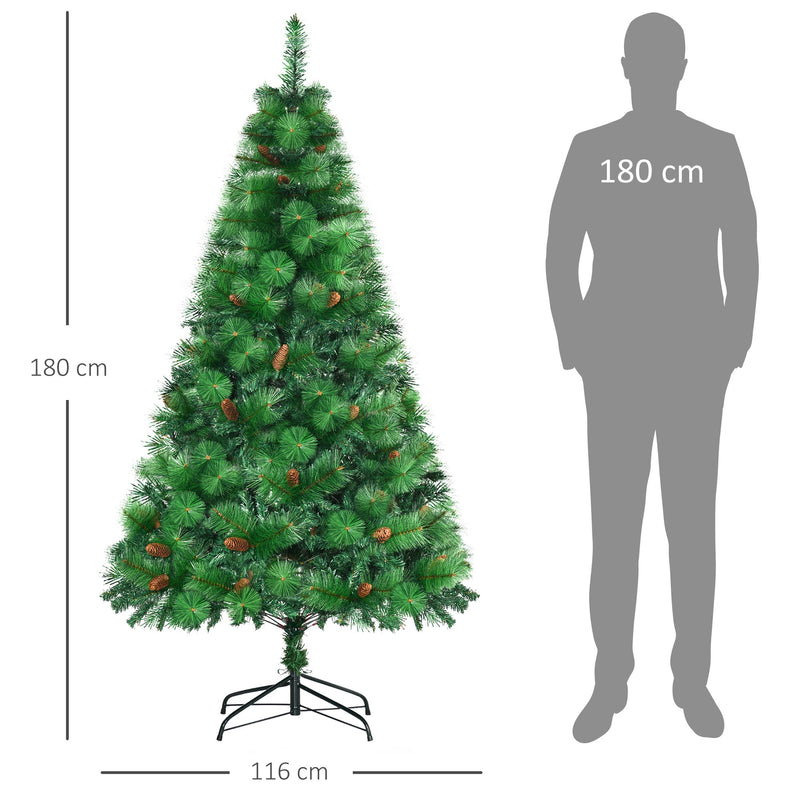 Árvore de Natal Artificial 180cm com 782 Ramos 56 Pinhas Folhas de PVC Base Dobrável e Suporte Metálico Decoração de Natal para Interiores Verde