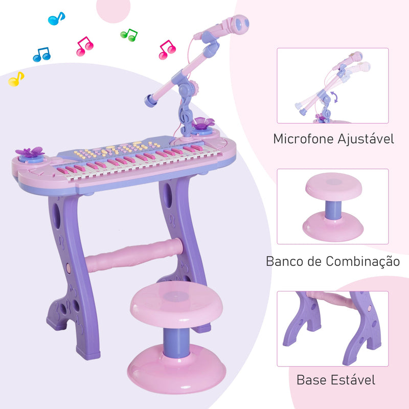 Órgão Electrónico Piano Infantil com Microfone Banquinho Luzes e 22 Canções cor Rosa