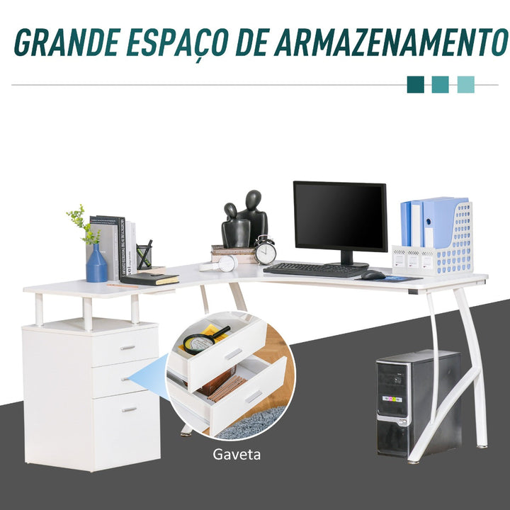 Mesa de canto para computador Mesa em formato de L com 3 gavetas Mesa moderna para escritório 143,5x143,5x76 cm Branco