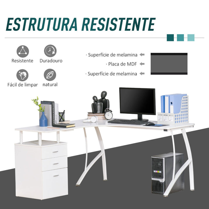 Mesa de canto para computador Mesa em formato de L com 3 gavetas Mesa moderna para escritório 143,5x143,5x76 cm Branco