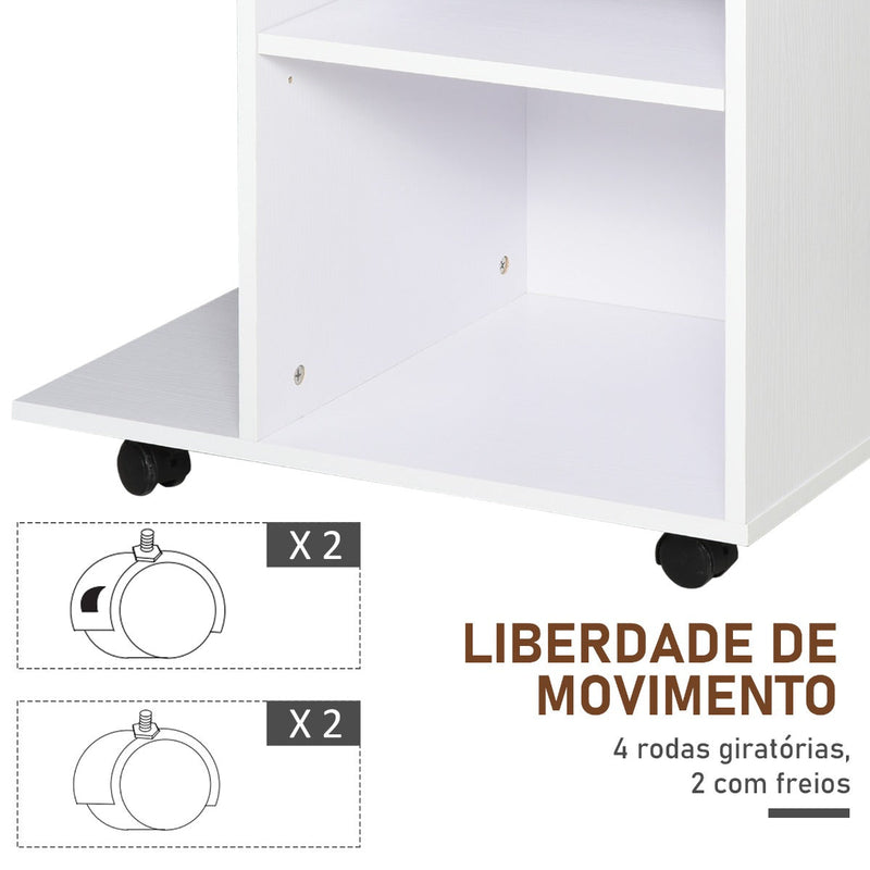 Armário para Impressora de Escritório Multifuncional com Rodas 2 Compartimentos Gaveta Suporte para CPU Prateleira Ajustável para Escritório 60x40x68,5cm Branco Listrado de Madeira