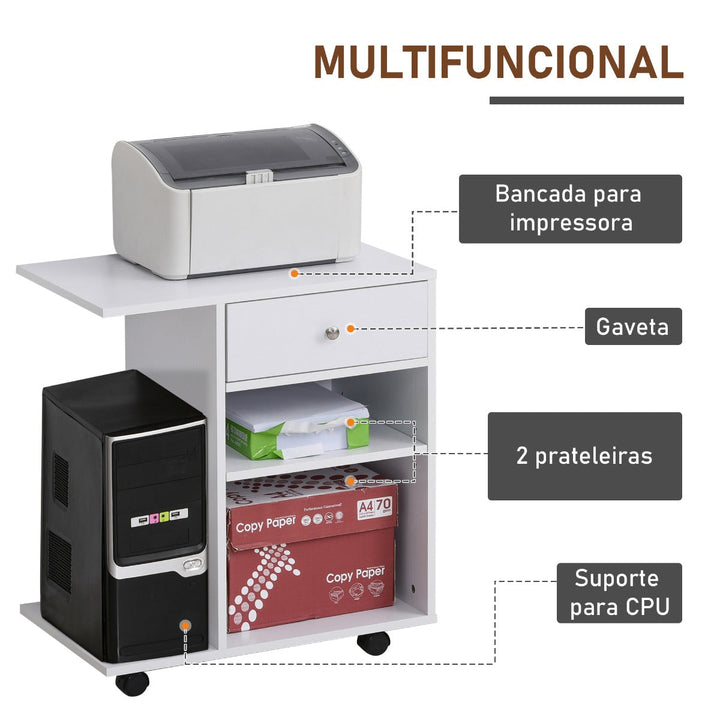 Armário para Impressora de Escritório Multifuncional com Rodas 2 Compartimentos Gaveta Suporte para CPU Prateleira Ajustável para Escritório 60x40x68,5cm Branco Listrado de Madeira