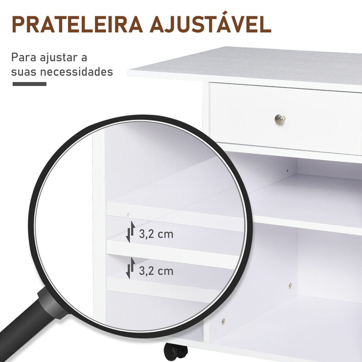 Armário para Impressora de Escritório Multifuncional com Rodas 2 Compartimentos Gaveta Suporte para CPU Prateleira Ajustável para Escritório 60x40x68,5cm Branco Listrado de Madeira