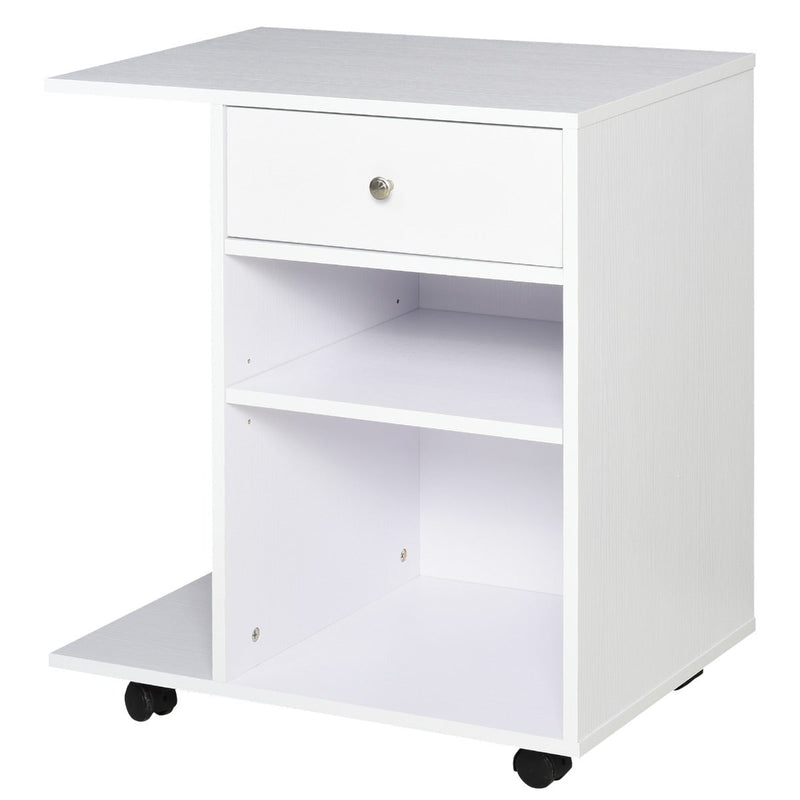 Armário para Impressora de Escritório Multifuncional com Rodas 2 Compartimentos Gaveta Suporte para CPU Prateleira Ajustável para Escritório 60x40x68,5cm Branco Listrado de Madeira