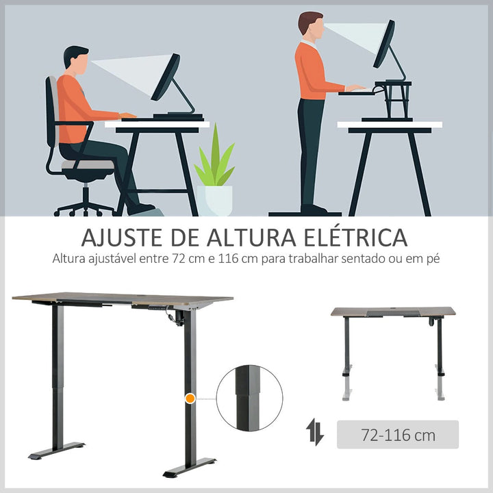 Secretária elétrica de pé com ajuste elétrico de altura com 4 teclas de memória para casa escritório 140x70x72-116 cm preto e Madeira natural