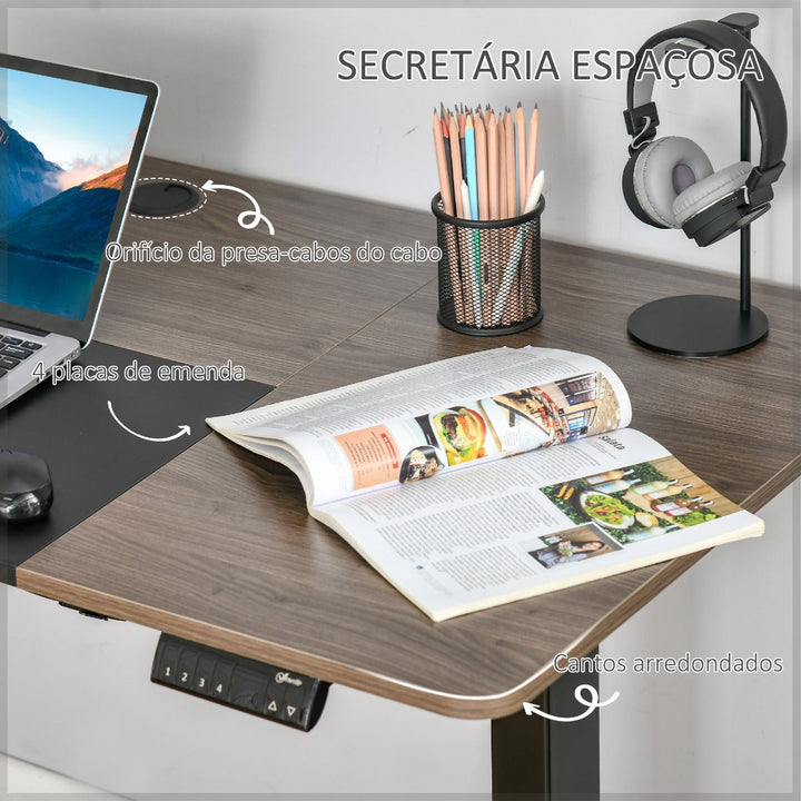 Secretária elétrica de pé com ajuste elétrico de altura com 4 teclas de memória para casa escritório 140x70x72-116 cm preto e Madeira natural