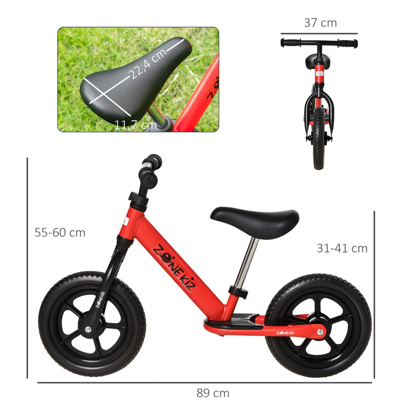 Bicicleta sem Pedais para Crianças acima de 3 Anos com Assento e Guiador Ajustáveis Bicicleta de Equilíbrio Infantil com Estrutura de Aço 89x37x55-60cm Vermelho