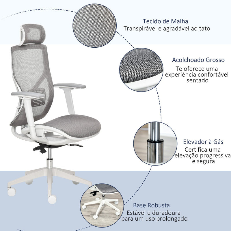 Cadeira de Escritório Giratória com Altura Ajustável Apoio para os Braços Apoio para a Cabeça e Suporte Lombar Reguláveis Encosto Alto 67x65x120-128cm Cinza