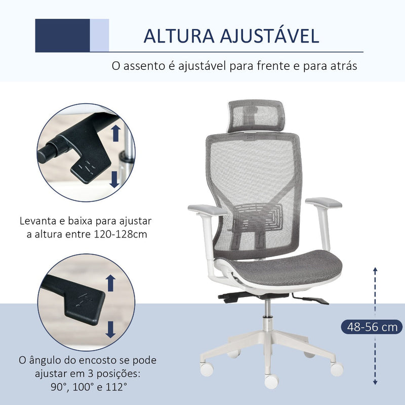 Cadeira de Escritório Giratória com Altura Ajustável Apoio para os Braços Apoio para a Cabeça e Suporte Lombar Reguláveis Encosto Alto 67x65x120-128cm Cinza