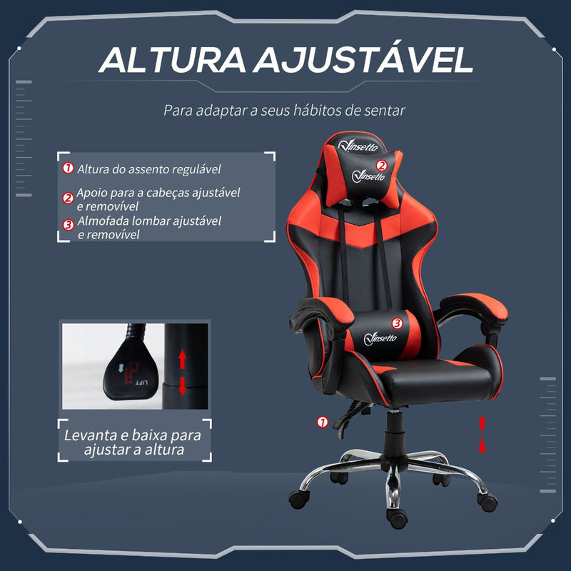 Cadeira Gaming Ergonômica Cadeira para Videojogos Reclinável com Altura Regulável Apoio para a Cabeça e Almofada Lombar 63x67x119-127cm Vermelho e Preto