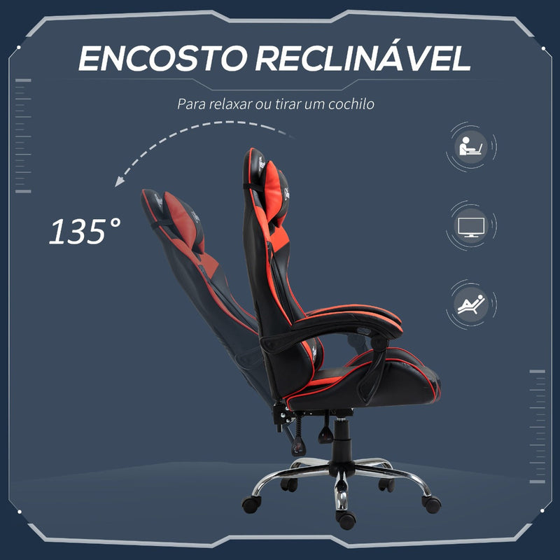 Cadeira Gaming Ergonômica Cadeira para Videojogos Reclinável com Altura Regulável Apoio para a Cabeça e Almofada Lombar 63x67x119-127cm Vermelho e Preto