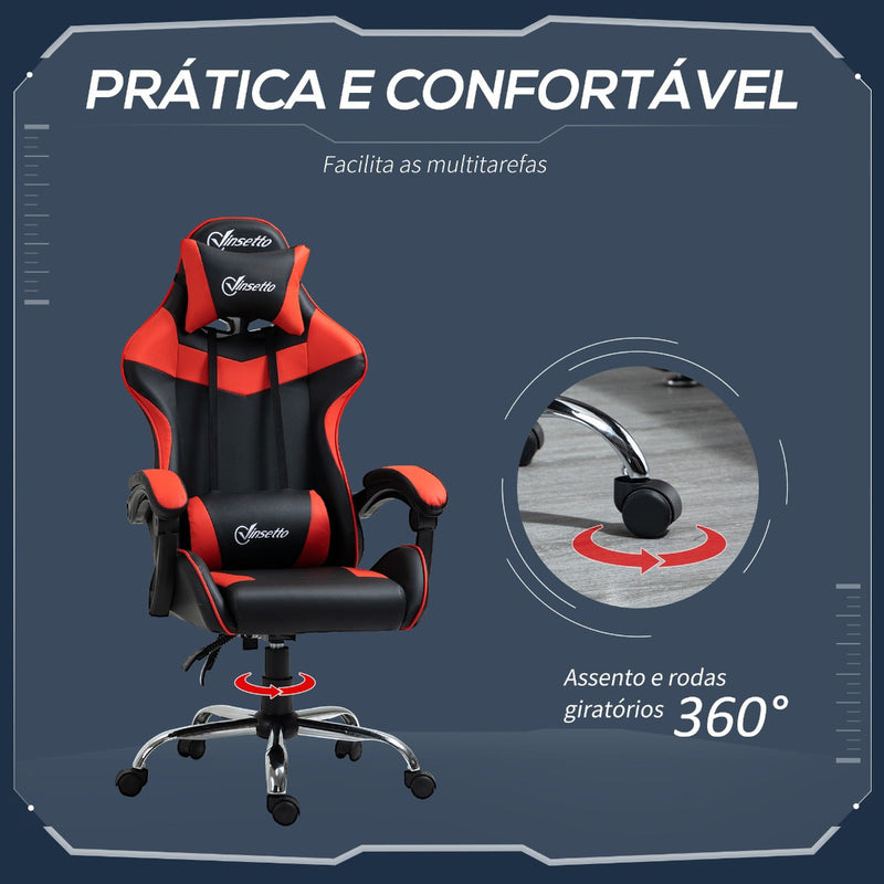 Cadeira Gaming Ergonômica Cadeira para Videojogos Reclinável com Altura Regulável Apoio para a Cabeça e Almofada Lombar 63x67x119-127cm Vermelho e Preto