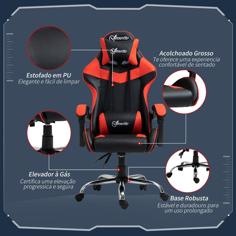 Cadeira Gaming Ergonômica Cadeira para Videojogos Reclinável com Altura Regulável Apoio para a Cabeça e Almofada Lombar 63x67x119-127cm Vermelho e Preto