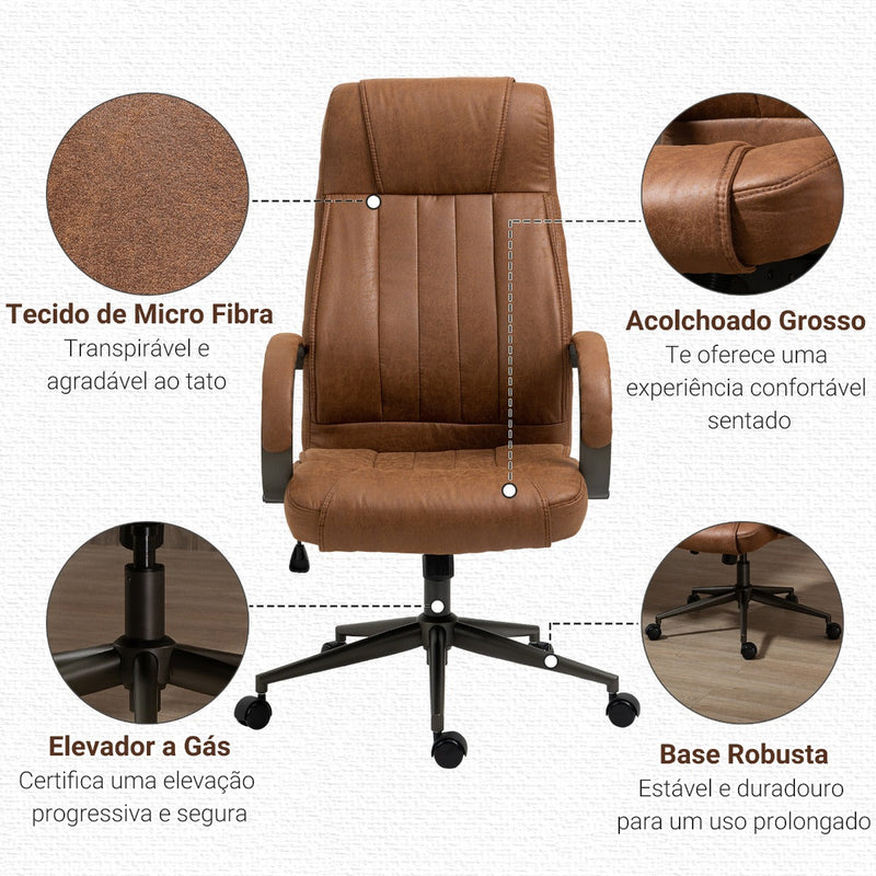 Cadeira de Escritório Ergonômica Giratória com Altura Ajustável Apoio para a Cabeça Apoio para o Braço e Encosto Acolchoado 61,5x52,5x118-126cm Marrom