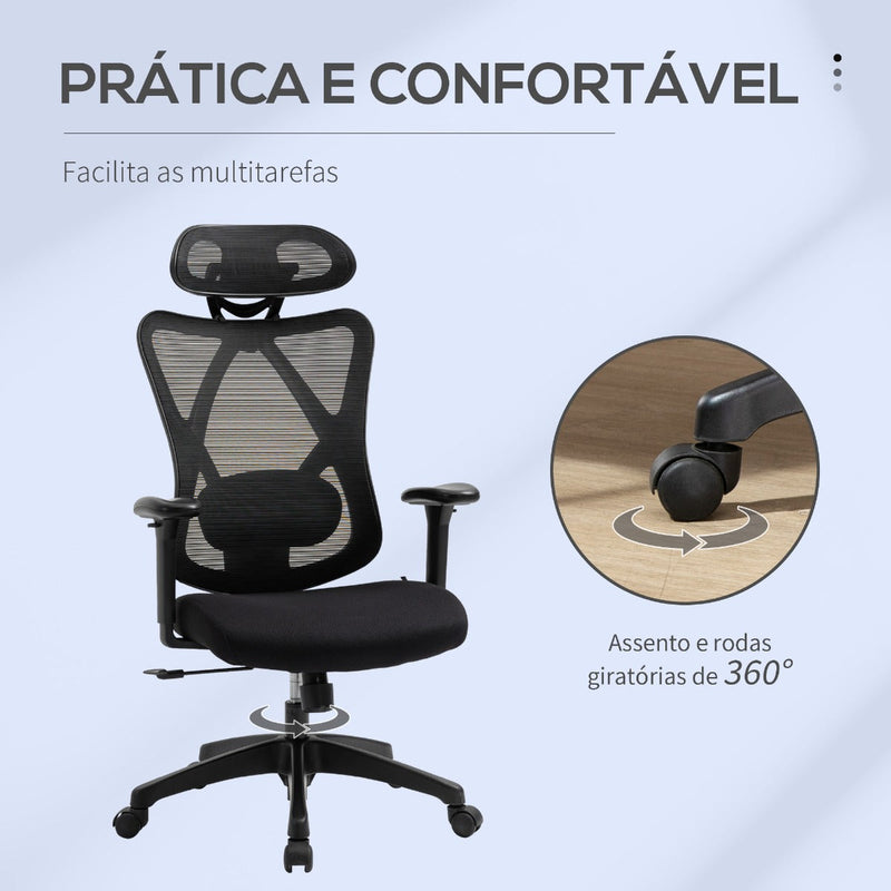 Cadeira de Escritório com Apoio para os Braços 2D Cadeira de Escritório com Altura Ajustável Apoio para a Cabeça Suporte Lombar Alto 67x64x117-127cm Preto