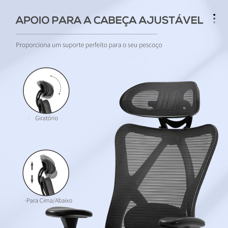 Cadeira de Escritório com Apoio para os Braços 2D Cadeira de Escritório com Altura Ajustável Apoio para a Cabeça Suporte Lombar Alto 67x64x117-127cm Preto