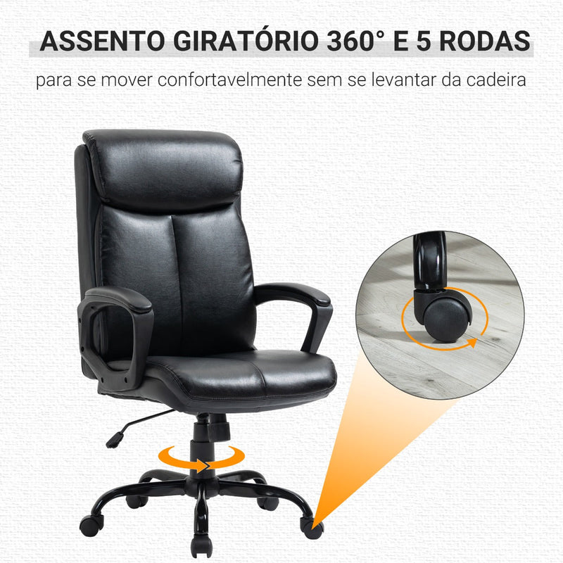 Cadeira de Escritório Giratória Ergonómica com Altura Ajustável Apoio para os Braços Alto Acolchoado de Couro Sintético 67x69x107-117cm Preto