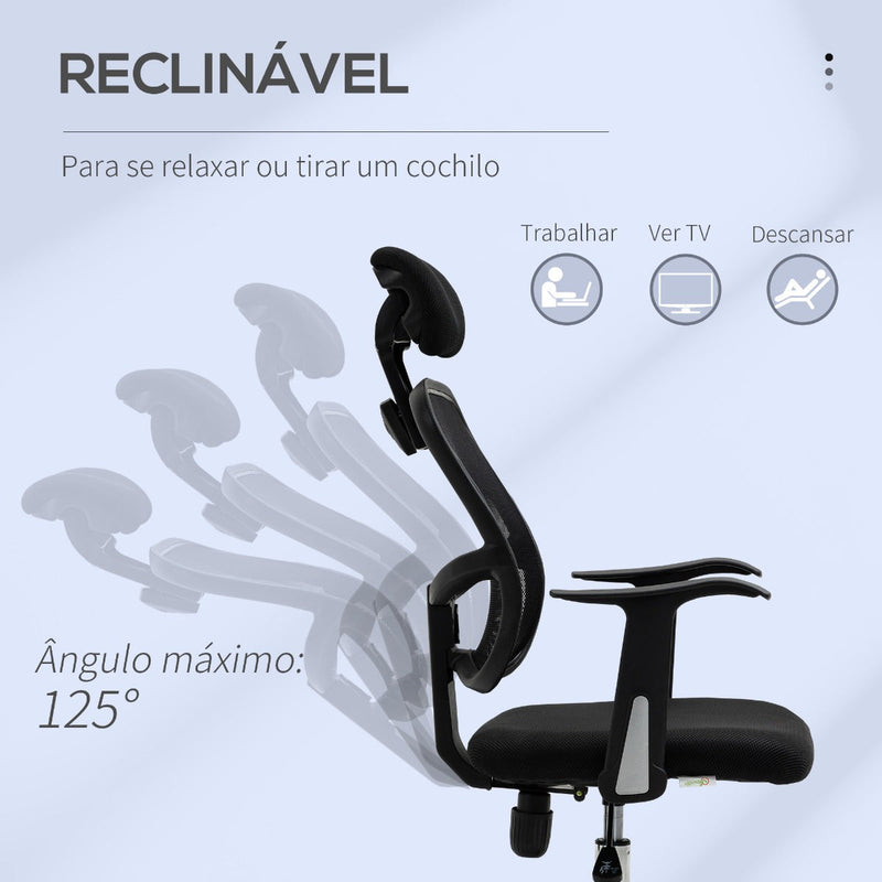 Cadeira de Escritório Giratória Ergonômica com Altura Ajustável Função de Inclinação Apoio para a Cabeça e Suporte Lombar 63x62x109-117cm Preto