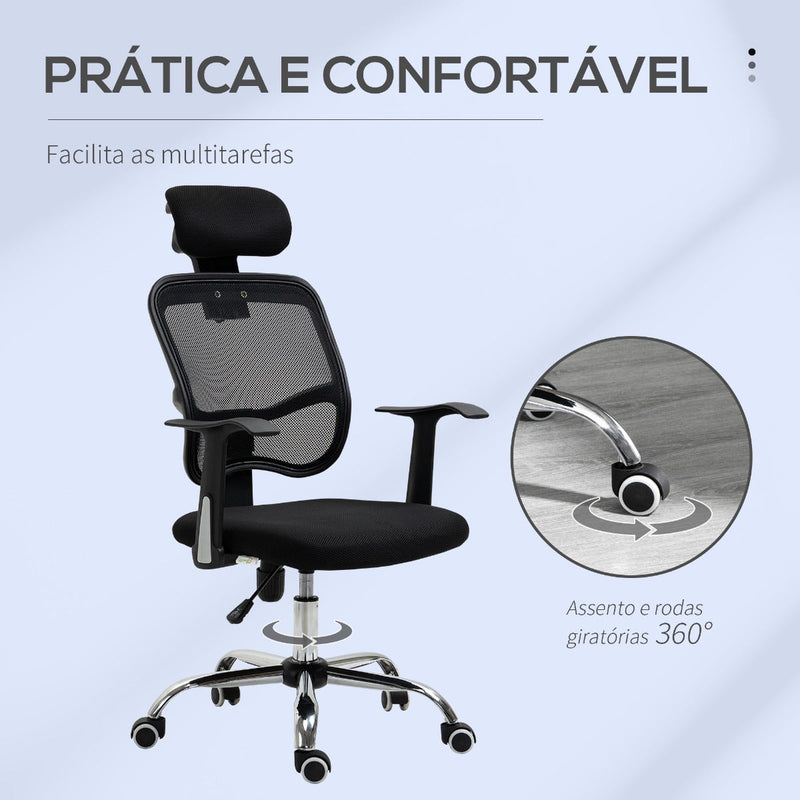 Cadeira de Escritório Giratória Ergonômica com Altura Ajustável Função de Inclinação Apoio para a Cabeça e Suporte Lombar 63x62x109-117cm Preto