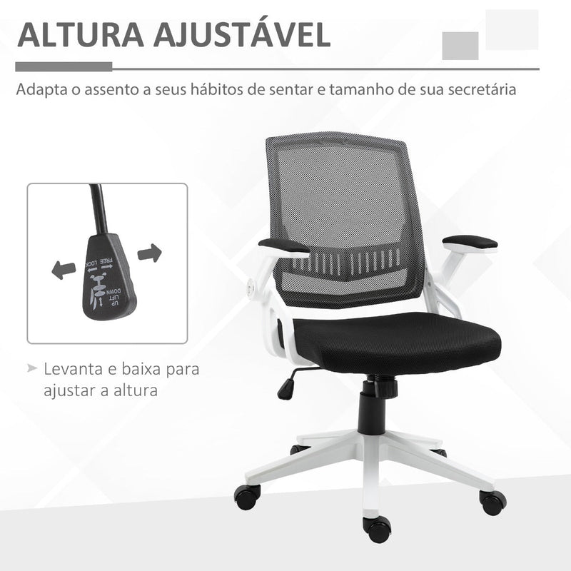 Cadeira de Escritório Ergonômica Basculante com Altura Ajustável Apoio para o Braço Dobrável Suporte Lombar e Malha Transpirável 61x61x94-104cm Preto