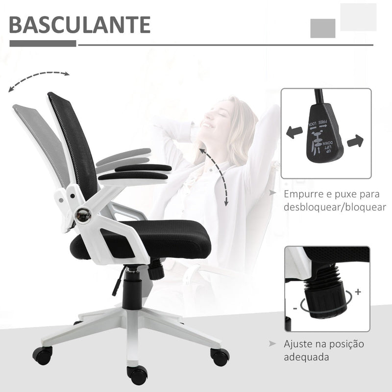 Cadeira de Escritório Ergonômica Basculante com Altura Ajustável Apoio para o Braço Dobrável Suporte Lombar e Malha Transpirável 61x61x94-104cm Preto