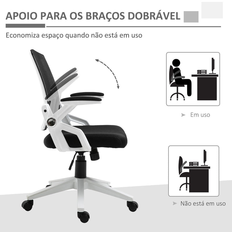 Cadeira de Escritório Ergonômica Basculante com Altura Ajustável Apoio para o Braço Dobrável Suporte Lombar e Malha Transpirável 61x61x94-104cm Preto